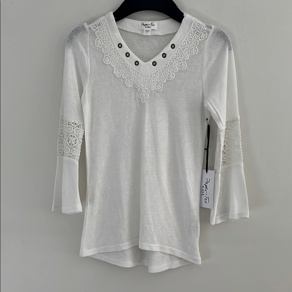 PAPER+TEE || Girl’s Ivory White Lace Detail Top. Sz. 6
